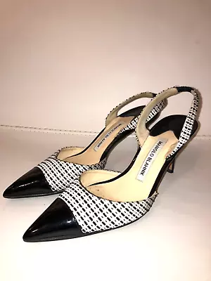 Manolo Blahnik Black And White Pointy Toe Slingback Heels Size 36.5  • $185