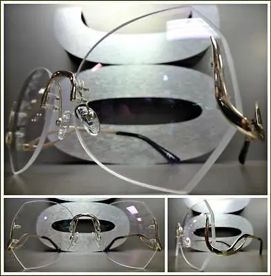 OVERSIZED DESIGNER Style Clear Lens SUN GLASSES Upside Down Gold Rimless Frame • £18.70