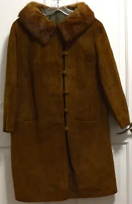 Vtg 60s Suede Leather Womens Swing Coat Mink Fur Button Size Small Medium Brown • $55