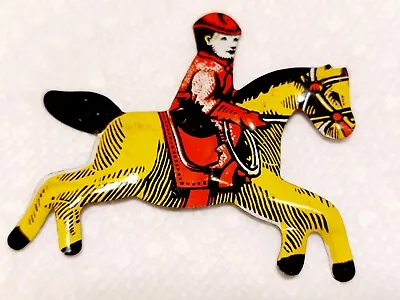 Vintage Cracker Jack Toy Tin Metal Litho Jockey Horse Rider Yellow 1940s • $9.95