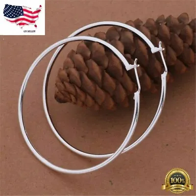 Womens Silver Plated 50mm 2” Big Round Large Thin Hoop Earrings Lab-Created • $3.25