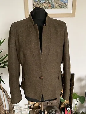 ZARA Brown Green LAMBSWOOL WOOL Tweed Hacking Jacket - Blazer Elbow Patches - L • £32.99