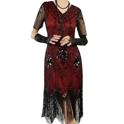 SWEETV 1920's Gatsby Flapper Beaded Wine Red Black Evening Party Dress SZ S NWT • £26.58