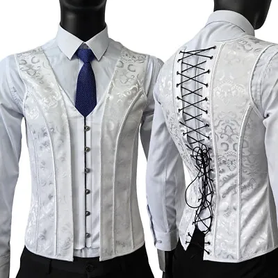Men Abdomen Corset Vest Tight Fitting Lace Up Tops Boned Waistcost White Print • $47.84