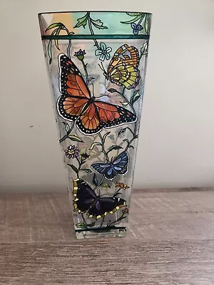 Amia Collectors Stained Glass Vase  Floral Butterfly Raised Pattern Hand Painted • $22