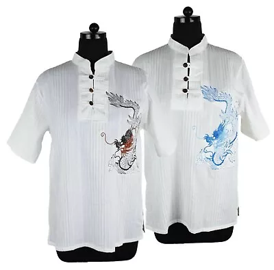£14.99 • Buy  Mens White Chinese Dragon Button Grandad Shirt Gothic Blue Brown L Xl Xxl