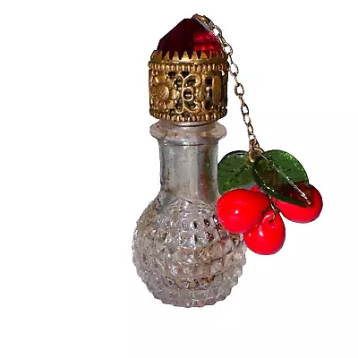 Vintage Czech Irice Perfume Bottle W/ Enamel & Jeweled Top W 2 Red Cherry Charms • $125