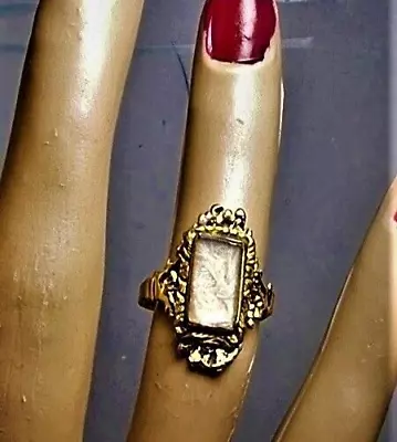 Victorian Mourning Hair RING 1/2  Blonde Hair Weave Under Glass Gold Plate Ring • $289.90