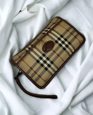 Burberrys Iconic Beige Nova Check Tartan Leather Clutch Bag Wristlet Vintage 90s • $191.25