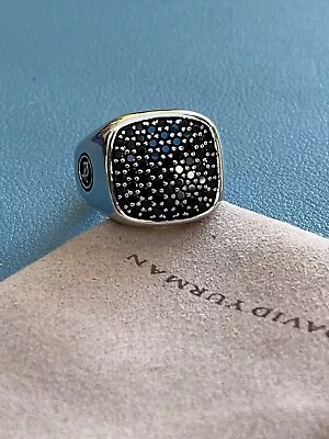 David Yurman Mens Sterling Signet Ring Sz 11.5 W/Pave Black Diamonds + Pouch • $499