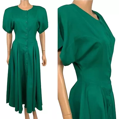 Vintage 80s 90s Carole Little Saint Tropez West Emerald Green Fit Flare Dress 4 • $48.75