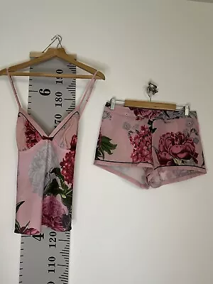 Ladies Ted Baker Size 12 Pink Floral Satin Shorts Cami Vest Top Pyjama Set • £20