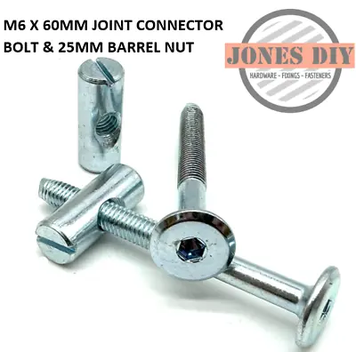 M6 X 60MM JOINT CONNECTOR BOLTS & 25MM CROSS DOWEL BARREL NUTS FURNITURE FIXINGS • £2.99