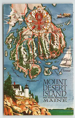 Postcard Map Of Mount Desert Island Arcadia National Park Maine • $1.99