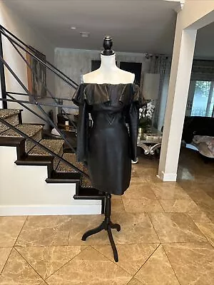 North Beach By Michael Hoban VTG 80s Black Leather Off Shoulder Ruffled Dress M • $295