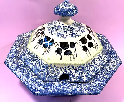 Molly Dallas Cows Blue Spatterware Spongeware Soup Tureen W@W! • $19.99