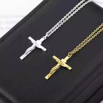 18k Gold Plated Cross Pendant Mens Women Chain Necklace Pendant Crucifix Jesus • £13.98