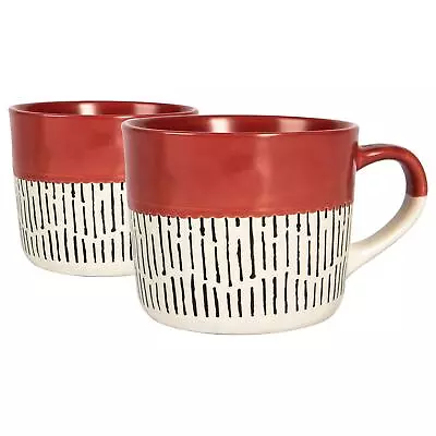 2x Red 450ml Dipped Dash Stoneware Coffee Mugs Large Rustic Ceramic Tea Cups Set • £10