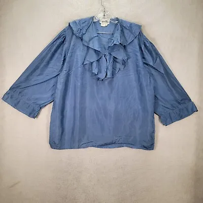 Vtg Capistrano Women Top Plus Size 16 Blue Silk Ruffled Collar Maximalist Blouse • $16.77