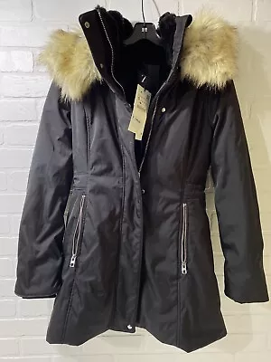 $95 • Buy NEW - Zara Extra Long Water Repellent Faux Fur Parka Coat - Black - Small