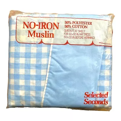 Vintage NOS Springs Baby Blue Gingham Check Queen Flat Sheet Made In USA • $26.16