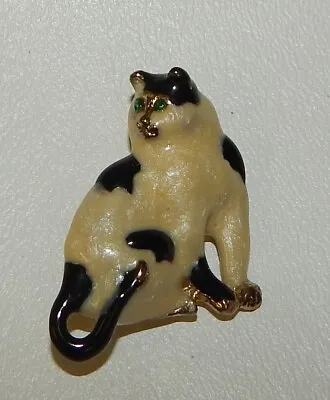 $14.99 • Buy Vintage Black & White Enameled Fat Cat With Green Eyes Jewelry Brooch Pin