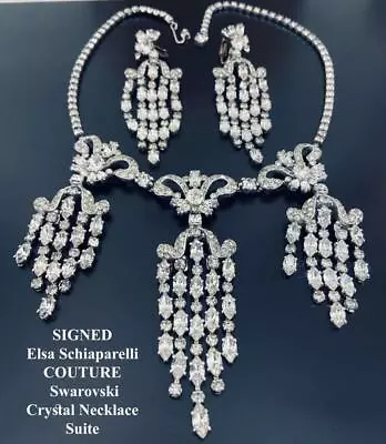 Elsa Schiaparelli COUTURE Necklace Set Swarovski Crystal 1950's Rhodium Plated • $8295