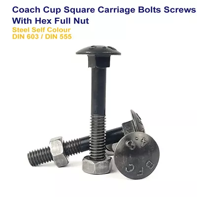 M6 M8 M10 Carriage Coach Bolts Screws With Hex Nut Steel Din 603/555 • £1.99