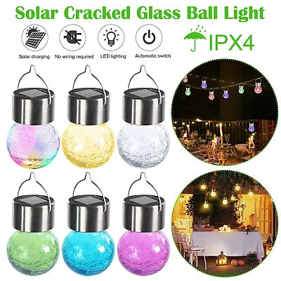 Solar Powered Led Steel Hanging Globe Crackle Glass Ball Lights Garden Outdoor • £7.56