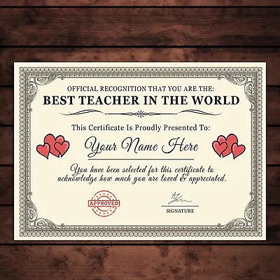 Personalised 'Best Teacher In The World' Certificates Gift/Print • £5.49