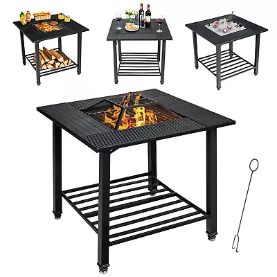 4 In 1 Outdoor Fire Pit Dining Table Square Wood Burning Fire Bowl W/ Mesh Cover • £67.95