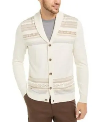 Tasso Elba Mens Geo Stripe Cashmere Blend Cardigan Sweater Knit Cream M • $16