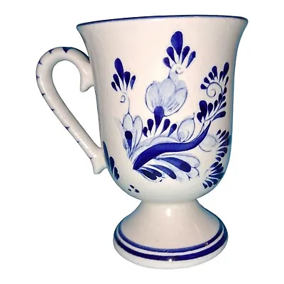 Delft Mug Coffee Cup Cobalt Blue Windmill Dutch Flower Vtg Hand Painted Pedestal • $24