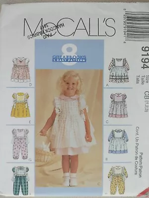 Vintage McCall's Pattern 9194 Toddler Dress Jumpsuit Pinafore Pinny Sizes 1 2 3 • $8.99