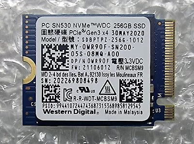 Western Digital SN530 256GB NVMe PCIe M.2 2230 SSD SDBPTPZ-256G-1012 Dell 0WR90F • £14.99