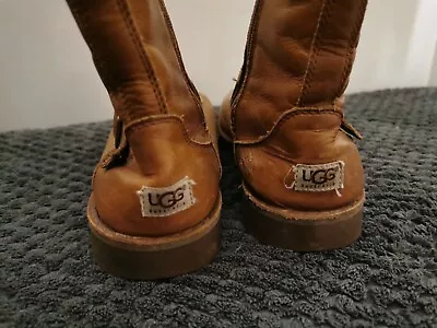 UGG Brown Leather BOOTS Buckle Strap Design Fur Innersoles Size UK 1 EUR 32 • £14.90