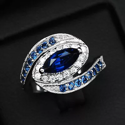 Ravishing Vivid Blue Sapphire Marquise 1.50Ct 925 Sterling Silver Handmade Rings • $14.99