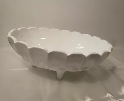 Oval Bowl Indiana White Milk Glass Centerpiece 4 Footed Harvest Grapes Fruit MCM • $16.55