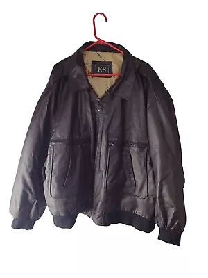 Vtg KS Mens Black Leather Bomber Fly High Map Jacket READ 32 Inch Pit To Pit • $52.99