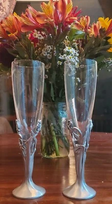 $15.99 • Buy Vintage 1988 Seagull Pewter Dafodil Champagne Flutes Wedding Set Of 2