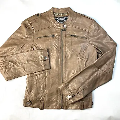 DAYTRIP Brown Vegan LEATHER BIKER MOTO Jacket! Vented Cafe Racer Sz M • $23.99