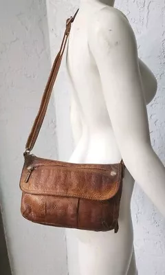 Fossil Vintage Brown Distressed Leather Organizer Crossbody Bag Purse • $34.95