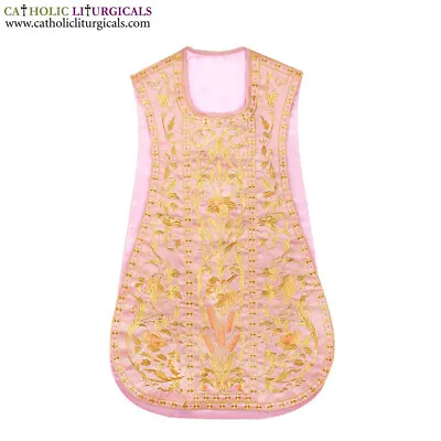 ROSE PINK SILK Spanish Fiddleback Vestment & Mass Set Vintage Embroidery NEW • $599.99