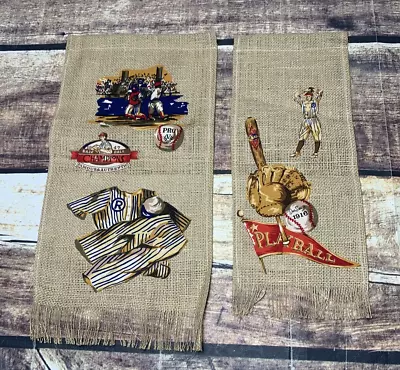 Baseball Tapestry Wall Hanger Burlap Hanging Pitcher Catcher Uniform Bat Qty 2 • $12.57