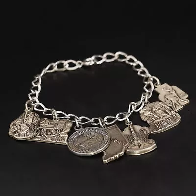 VTG Sterling Silver Assorted Travel Souvenir Charm 6.5  Curb Chain Bracelet 27g • $14.10