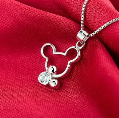 Pave CZ Silver SP Double Disney Mickey Mouse Pendant Necklace • $8.99