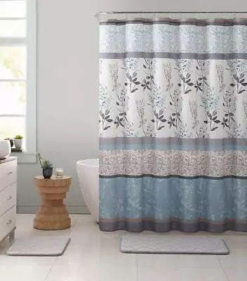 VCNY Ashley Light Blue Beige Canvas Fabric Shower Curtain Floral • $17.99