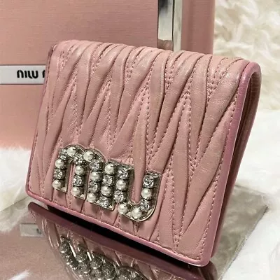 Miu Miu's Folding Wallet Leather Bijoux Crystal Logo Matelassé Pearl Pink Used • $189.99