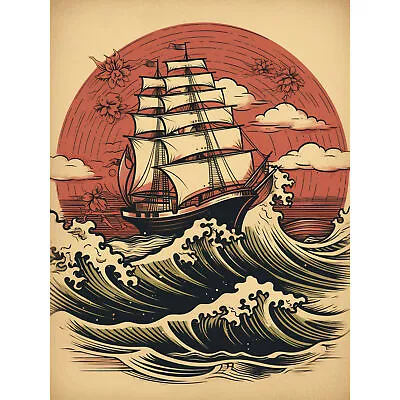 Ship Sailing In Rough Sea Waves Retro Americana 50s Wall Art Poster Print Giant • £18.49