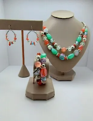 RubyRd Multicolor Beads Silver Tone Double Strand Necklace Bracelet Earrings Set • $28